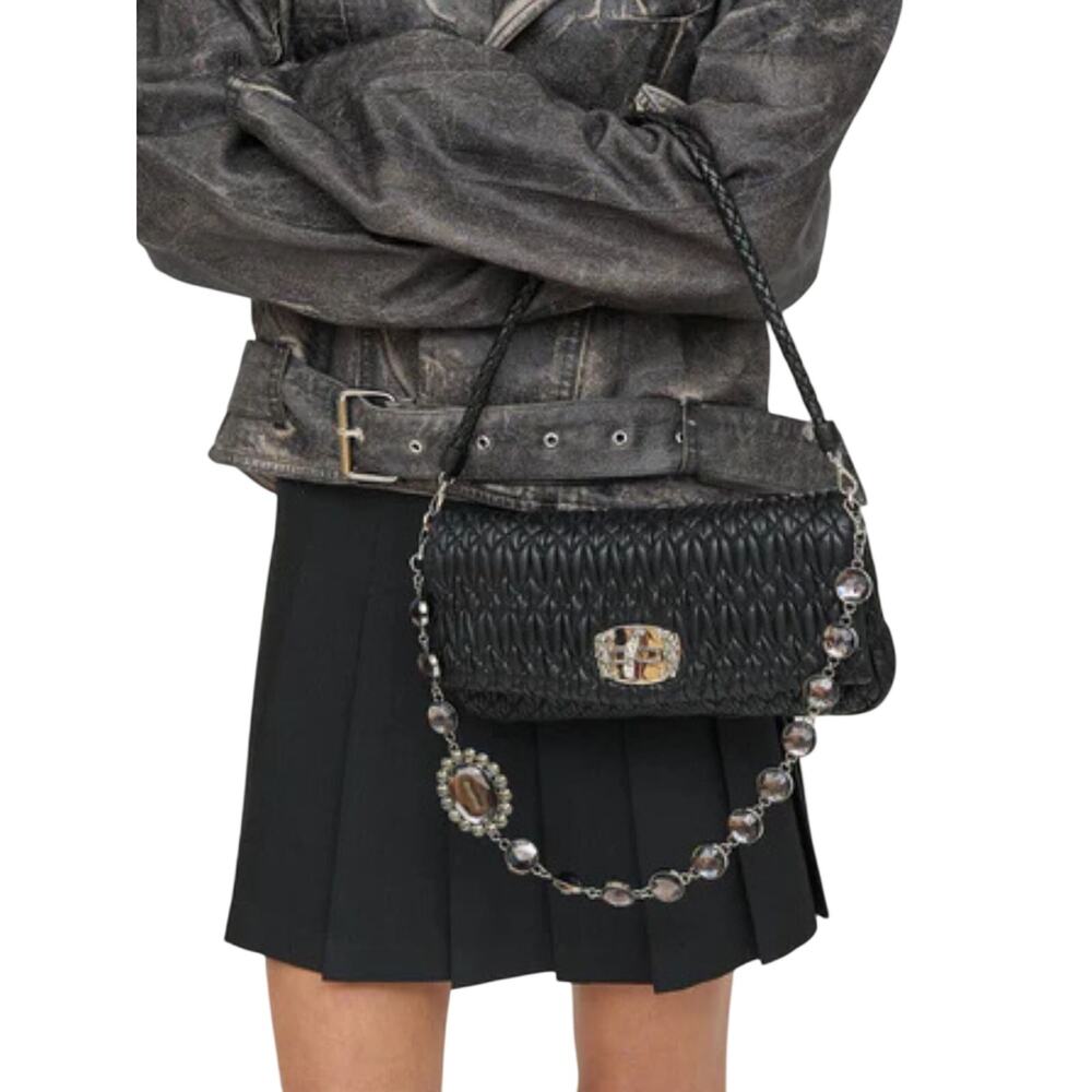 Miu Miu Black Matelassé Leather Crystal Chain Flap Shoulder Bag Clutch Women's